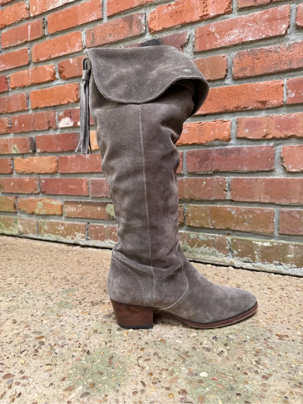 Frye Fold-Over Over-the-Knee Suede Boots in Taupe